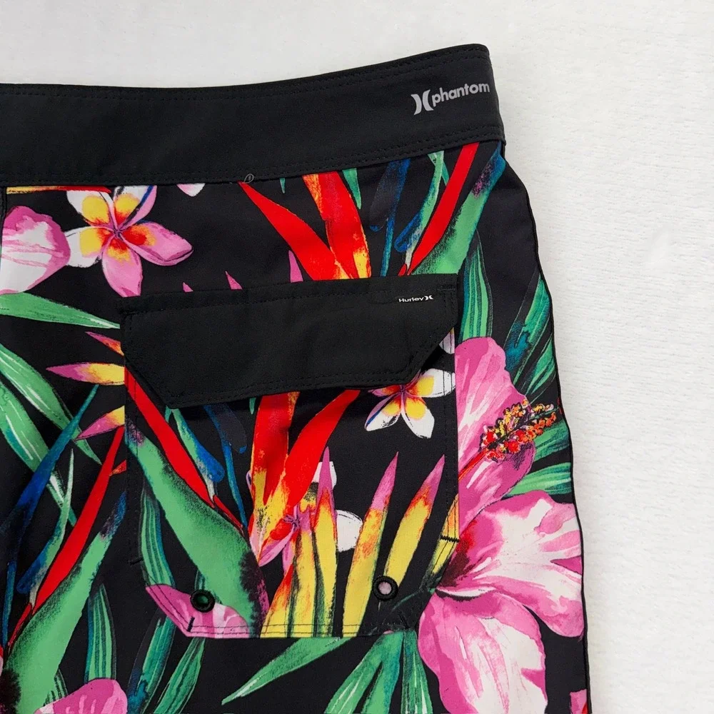 Hurley Phantom Board Shorts Mens 34 Black Pink Tropical Floral Hibiscus Stretch‎